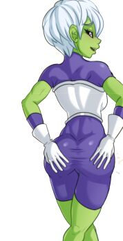 1girl absurdres ass backboob bodysuit bodysuit_under_armor breasts cheelai colored_skin dragon_ball green_skin hands_on_own_ass highres large_breasts legs looking_at_viewer open_mouth purple_eyes seductive_smile short_hair smile thighs white_hair