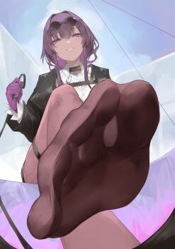 1girl absurdres feet highres honkai:_star_rail honkai_(series) kafka_(honkai:_star_rail) light_blush long_hair looking_at_viewer oshino_yeye pantyhose parted_lips pink_eyes pov purple_hair soles steam toes