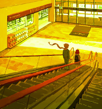 1boy 1girl backpack bag blonde_hair bookstore commentary_request escalator facing_away flower highres holding holding_flower indoors kazuhisa_uragami mall original red_hair rose scarf scenery shop skirt standing wide_shot