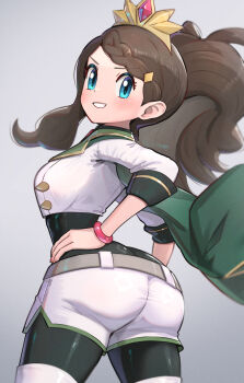 ass blue_eyes bodystocking from_behind gonzarez grin hands_on_own_hips high_ponytail highres hilda_(champion)_(pokemon) hilda_(pokemon) long_hair looking_back nintendo official_alternate_costume pokemon pokemon_masters_ex ponytail shorts smile tiara very_long_hair white_shorts