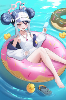 1girl antenna_hair bare_shoulders barefoot blue_archive blue_hair blue_visor breasts covered_navel crocs donut donut_innertube double_bun feet fingernails food fubuki_(blue_archive) fubuki_(swimsuit)_(blue_archive) hair_bun hair_over_shoulder halo hand_on_own_hip hand_up highres holding holding_food holding_popsicle innertube jacket knees_up loli long_sleeves multicolored_hair off_shoulder official_alternate_costume on_innertube one-piece_swimsuit open_clothes open_jacket open_mouth pink_halo popsicle poyih red_eyes rubber_duck school_swimsuit shoes single_shoe sleeves_past_wrists small_breasts smile solo streaked_hair swim_ring swimsuit teeth toenails toes unworn_footwear upper_teeth_only visor_cap water whistle whistle_around_neck white_jacket white_one-piece_swimsuit white_school_swimsuit