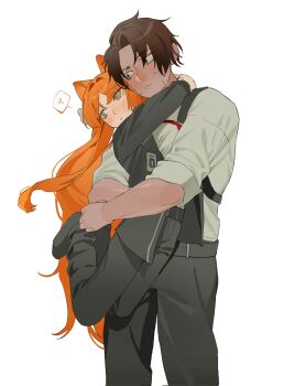 Rule 34 | 1boy, 1girl, black jacket, black pants, black shoes, bow, brown hair, chest harness, closed mouth, green eyes, hair bow, harness, hashtag-only commentary, heathcliff (project moon), hetero, highres, hug, ishmael (project moon), jacket, limbus company, long hair, long sleeves, necktie, orange hair, pants, project moon, purple eyes, red necktie, shirt, shoes, simple background, speech bubble, sweat, very long hair, white background, white bow, white shirt, yongsadragon