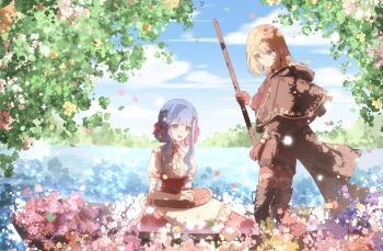 2girls absurdres artist_request aver_(yumenokessho) bang_dream! bang_dream!_it&#039;s_mygo!!!!! basket black_boots black_cape blonde_hair blue_hair boots cape center_frills chinese_commentary commentary_request commission doloris_(bang_dream!) facial_mark flower food frills fruit gloves highres long_hair medium_hair misumi_uika multiple_girls outdoors purple_eyes red_gloves second-party_source shirt sidelocks strawberry sweets_paradise thigh_boots togawa_sakiko white_shirt yellow_eyes yumenokessho