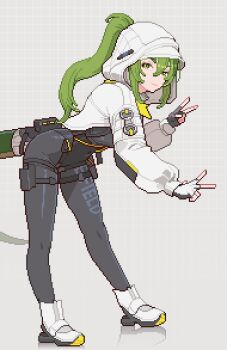 Rule 34 | 1girl, arknights, arknights: endfield, black gloves, bodysuit, boots, double v, endfield uniform, fingerless gloves, fluorite (arknights), gamepix, gloves, green eyes, green hair, hair through hood, hashtag-only commentary, hood, hood up, hooded shrug, looking at viewer, pixel art, ponytail, shrug (clothing), snake girl, snake tail, solo, tail, two-sided gloves, v, white boots, white gloves, white shrug