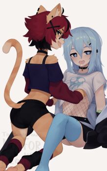 +_+ 2girls aeiou_(yoako) after_kiss animal_ear_fluff animal_ears animal_feet animal_nose barefoot bell black-framed_eyewear black_choker black_collar black_hair black_jacket black_shorts black_skirt blue_eyes blue_hair blue_thighhighs body_fur cat_ears cat_girl cat_tail choker clothes_lift collar commentary ear_piercing earclip english_commentary english_text fishnets furry furry_female furry_with_non-furry glasses grabbing_another's_breast groping hair_between_eyes hair_ornament highres interspecies jacket jingle_bell kneeling leg_warmers lifting_another's_clothes light_blue_hair long_hair long_sleeves looking_at_viewer miniskirt multicolored_hair multiple_girls neck_bell no_shoes off_shoulder open_clothes open_jacket open_mouth original pawpads piercing red_hair saliva saliva_trail sharp_teeth shirt shirt_lift short_hair short_shorts short_sleeves shorts simple_background sitting skirt t-shirt tail teeth thighhighs tongue tongue_out tongue_piercing two-tone_hair upper_teeth_only watermark white_shirt x_hair_ornament yoako yuri
