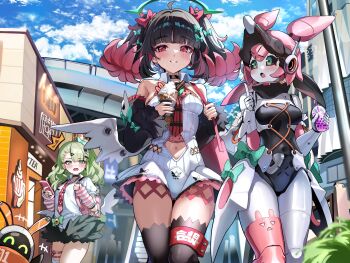 Rule 34 | 3girls, ^^^, absurdres, angels of delusion, aria (zenless zone zero), arm warmers, backpack, bag, bangboo (zenless zone zero), black hair, black skirt, black thighhighs, blue sky, blush, bow, bowtie, breasts, clothing cutout, commentary request, eous (zenless zone zero), green eyes, green hair, green halo, hair bow, halo, highres, holding, holding ice cream cone, ice cream cone, leotard, looking at viewer, medium hair, multicolored hair, multiple girls, nangong yu, navel, navel cutout, outdoors, pink bow, pink bowtie, pink eyes, pink hair, robot girl, sak (lemondisk), shirt, skirt, sky, small breasts, smile, striped arm warmers, sunna (zenless zone zero), thighhighs, thighs, two-tone hair, white leotard, white shirt, zenless zone zero