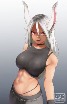 1girl animal_ears artist_logo black_lips black_shorts black_tank_top boku_no_hero_academia breasts commentary crop_top dark-skinned_female dark_skin english_commentary gradient_background grey_background hair_between_eyes highres large_breasts lipstick logo long_hair looking_at_viewer makeup midriff mirko navel rabbit_ears rabbit_girl red_eyes shorts solo tank_top toned toned_female white_hair ziadessart
