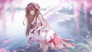 Rule 34 | 1girl, :o, angel wings, bare shoulders, blurry, blurry foreground, bow, breasts, brown hair, character request, collar, copyright request, day, detached collar, dress, feathered wings, flower, from side, green eyes, jewelry, large breasts, leaning forward, long dress, long hair, looking at viewer, looking to the side, mole, mole under eye, open mouth, outdoors, pendant, petals, petals on liquid, pink petals, red bow, red dress, ripples, skirt hold, sleeveless, sleeveless dress, solo, standing, straight hair, two side up, very long hair, virtual youtuber, wading, water, wet, white collar, white dress, white wings, white wrist cuffs, wings, wrist cuffs, yukiri (l ii)