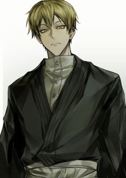 1boy blonde_hair closed_mouth commentary_request corrupted_twitter_file ear_piercing earrings highres japanese_clothes jewelry jujutsu_kaisen looking_at_viewer male_focus piercing short_hair simple_background solo upper_body white_background xingkon818 yellow_eyes zen'in_naoya