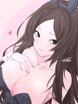 animal_ears blush breasts brown_eyes brown_hair cleavage collarbone hand_on_own_chest heart highres kage_no_jitsuryokusha_ni_naritakute! large_breasts long_hair looking_at_viewer nu_(kagejitsu) playboy_bunny rabbit_ears ronron2439 smile