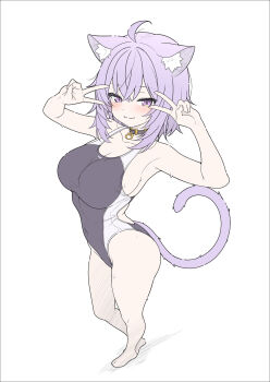 1girl :3 animal_ears bare_legs black_one-piece_swimsuit breasts cat_ears cat_girl closed_mouth commentary competition_swimsuit double_v english_commentary full_body highres hololive large_breasts looking_at_viewer nekomata_okayu one-piece_swimsuit purple_eyes purple_hair short_hair simple_background smile solo standing sweat swimsuit t1kosewad two-tone_swimsuit v virtual_youtuber white_background white_one-piece_swimsuit