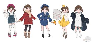 1boy 1girl absurdres alternate_costume black_jacket blue_overalls boots brown_boots brown_eyes brown_hair brown_scarf child closed_mouth coat commentary crying doujima_nanako earmuffs full_body grey_hair hairband hat highres holding holding_sign holding_stuffed_toy jacket looking_at_viewer multiple_views narukami_yu open_clothes open_jacket open_mouth overalls oversized_clothes oversized_jacket oversized_shirt persona persona_4 pink_hat pink_shoes police police_hat police_uniform policewoman red_coat scarf school_uniform shirt shiryoku_kensa shoes short_hair short_twintails sign simple_background sleeves_past_fingers sleeves_past_wrists smile socks standing stuffed_animal stuffed_toy symbol-only_commentary thighhighs twintails white_background white_shirt white_socks yasogami_school_uniform