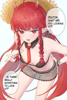 1girl arknights bikini black_bikini braid breasts chinese_commentary commentary_request detached_collar english_text hat highres horns leaning_forward long_hair looking_at_viewer necktie official_alternate_costume open_mouth pointy_ears red_eyes red_hair runyo_(yale12312) solo straw_hat swimsuit twin_braids very_long_hair vigna_(arknights)
