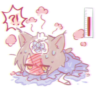 !? 1boy animal_ear_fluff animal_ears arknights bag brown_eyes brown_hair hair_over_one_eye highres hot ice ice_cube ice_pack male_focus myluche on_head phantom_(arknights) plastic_bag simple_background solo spoken_interrobang tragodia_(arknights) white_background