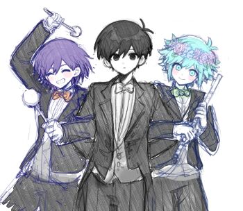 3boys alternate_costume antenna_hair arm_up basil_(headspace)_(omori) basil_(omori) black_eyes black_hair black_pants black_suit blush bow bowtie closed_eyes closed_mouth colored_skin commentary_request double-parted_bangs drumsticks expressionless flower flower_wreath flute formal_clothes green_bow green_bowtie green_eyes green_hair grin hair_between_eyes head_wreath highres holding holding_drumsticks holding_flute holding_instrument instrument kel_(headspace)_(omori) kel_(omori) locked_arms long_sleeves looking_at_viewer male_focus multiple_boys omori omori_(omori) open_mouth orange_bow orange_bowtie pants purple_hair salt_xs2 short_hair sidelocks simple_background sketch smile suit tailcoat teeth white_background white_bow white_bowtie white_skin