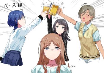 Rule 34 | 4girls, alcohol, bang dream!, bang dream! it's mygo!!!!!, beer, beer mug, black choker, black jacket, blue eyes, blue hair, blue shirt, blue skirt, blush, bocchi the rock!, brown hair, brown sweater vest, choker, closed eyes, closed mouth, collared shirt, commentary, cup, disposable cup, dress shirt, earrings, girls band cry, hair between eyes, hair ornament, hairclip, highres, holding, holding cup, instrument connection, jacket, jewelry, kikugawa roku, long hair, long hair between eyes, long sleeves, medium hair, mug, multicolored hair, multiple girls, nagasaki soyo, necklace, o-ring, o-ring choker, open mouth, pleated skirt, roots (hair), rupa (girls band cry), school, shirt, shirt tucked in, short hair, sidelocks, simple background, skirt, sweater vest, translated, white background, white shirt, yahata umiri, yamada ryo, yellow eyes