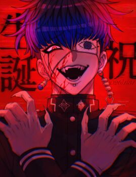 1boy absurdres backlighting black_eyeshadow black_hair black_jacket black_roots blood blood_on_face blue_hair chamuchai commentary dated downturned_eyes earrings evil_grin evil_smile eye_print eyeliner eyepatch eyeshadow face_piercing facial_mark fingernails gakuran gloves grin hands_up happy_birthday highres jacket jewelry labret_piercing last_defense_academy_school_uniform looking_at_viewer makeup male_focus multicolored_hair official_alternate_eye_color omokage_yugamu piercing portrait print_eyepatch red_background red_eyeliner red_eyes school_uniform sharp_fingernails sharp_teeth short_hair smile solo teeth the_hundred_line_-last_defense_academy- white_gloves