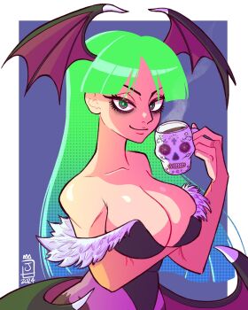 Rule 34 | 1girl, arm under breasts, bare shoulders, bat wings, blue background, blue hair, breasts, bridal gauntlets, cleavage, cup, dated, demon girl, eyeshadow, fur-trimmed leotard, fur trim, gradient hair, green eyes, green hair, halftone, head wings, highres, holding, holding cup, jaliet exe, large breasts, long hair, looking at viewer, makeup, morrigan aensland, multicolored hair, off-shoulder leotard, pantyhose, parted bangs, purple pantyhose, smile, solo, steam, upper body, darkstalkers, wings