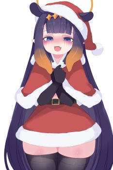 1girl :3 animal_ears belt black_belt black_gloves black_hair black_thighhighs blue_eyes blush capelet christmas fang fur-trimmed_capelet fur-trimmed_headwear fur-trimmed_skirt fur_trim gloves hairband halo hands_on_own_chest hat highres hololive hololive_english kukuchi581 loli long_hair looking_at_viewer midriff mole mole_under_eye multicolored_hair ninomae_ina'nis octopus_girl open_mouth orange_hair pom_pom_(clothes) red_capelet red_hat red_skirt santa_costume santa_hat skirt smile standing streaked_hair tentacle_hair thick_thighs thighhighs thighs virtual_youtuber white_background