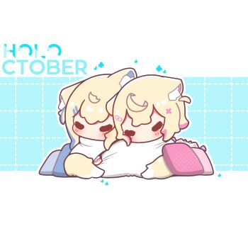 2girls absurdres animal_ear_fluff animal_ears bandaid bandaid_hair_ornament blonde_hair blue_background blue_streaks blush chibi chibi_only closed_eyes commentary decrilus dog_ears dog_girl dog_tail english_commentary fuwawa_abyssgard grid_background hair_ornament hairclip highres hololive hololive_english letterboxed mococo_abyssgard multicolored_hair multiple_girls no_mouth outline outside_border parallel_hairclips pillow pink_streaks short_hair siblings sisters sleeping streaked_hair tail twins virtual_youtuber white_outline x_hair_ornament