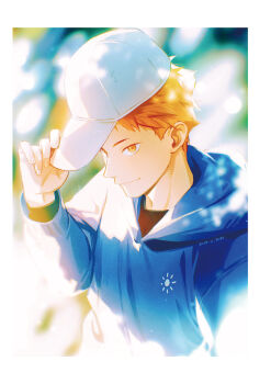 1boy adjusting_clothes adjusting_headwear baseball_cap black_shirt blue_hoodie blurry border closed_mouth commentary_request dated haikyuu!! hat highres hinata_shouyou hood hoodie looking_at_viewer male_focus orange_eyes orange_hair shirt short_hair solo sunlight white_border yuyu_(yuyudesu0806)