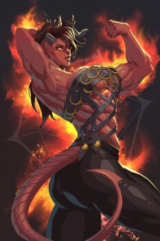 Rule 34 | 1girl, abs, arm behind head, armpits, baldur's gate, baldur's gate 3, colored skin, cowboy shot, dungeons & dragons, dungeons &amp; dragons, from side, highres, horns, karlach, looking at viewer, minh pham, muscular, muscular female, pants, red skin, solo, tail, yellow eyes