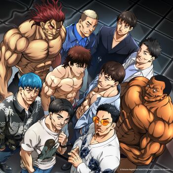Rule 34 | 2021, 6+boys, abs, absurdres, album cover, biscuit oliva, black hair, blonde hair, blue hair, brown eyes, copyright name, cover, dark skin, dated, earrings, facial hair, father and child, father and son, grappler baki, hanma baki, hanma yujiro, highres, itagaki keisuke, jewelry, looking at viewer, looking up, male focus, multiple boys, muscular, mustache, official art, open clothes, open shirt, parent and child, pectorals, real life, ribbon, short hair, simple background, smile, standing, sunglasses, upper body, white background