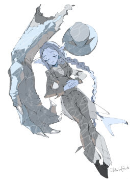 1girl blue_hair blue_skin braid closed_eyes colored_skin commentary demizu_posuka from_above hat highres long_hair lying on_back original simple_background single_braid solo tail twitter_username white_background