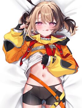 1girl ahoge belt brown_hair cameltoe chocola_vt clothing_cutout fingerless_gloves gigi_murin gigi_murin_(1st_costume) gloves highres hip_vent holojustice hololive hololive_english hooded_shrug huge_ahoge licking_lips loli lying midriff multicolored_hair multiple_belts on_back orange_hood orange_shrug red_eyes short_hair shrug_(clothing) solo tongue tongue_out two-tone_hair virtual_youtuber zipper