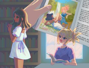 Rule 34 | 2girls, amaryllis (dr. stone), black hair, blonde hair, blue eyes, blue sky, blush, book, bookshelf, brown eyes, brown hair, choker, commentary, dark-skinned female, dark skin, dr. stone, dreadlocks, dress, english commentary, flower, flower wreath, head wreath, high ponytail, highres, holding, holding book, implied yuri, kohaku (dr. stone), koharyllis, light blush, lying, multiple girls, on back, open mouth, painting (object), pencil dress, photo (object), pink hair, ponytail, purple shirt, reading, shirt, short sleeves, sky, water, waterfall, white dress, window, yuri