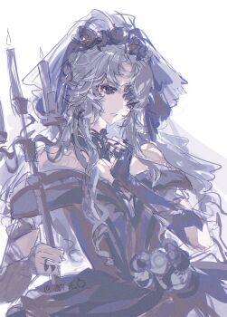 1girl absurdres artist_name asymmetrical_gloves bare_shoulders black_collar black_dress black_flower black_gloves black_rose blue_eyes bridal_gauntlets bridal_veil candle candlestand chinese_commentary collar collarbone commentary_request cowboy_shot detached_collar dress dress_flower expressionless eyelashes eyeshadow fingerless_gloves flower gloves grey_eyeshadow grey_flower grey_hair grey_rose grey_veil hair_flower hair_ornament hand_on_own_chest highres holding holding_candle infinity_nikki jewelry jintianshigehaotianqine lace_collar lips long_hair long_sidelocks looking_down makeup mismatched_gloves multiple_rings nameless_selfless_(infinity_nikki) nikki_(series) off-shoulder_dress off_shoulder one_eye_covered parted_bangs parted_lips ring rose short_sleeves sidelocks simple_background solo standing veil wavy_hair wedding_dress white_background