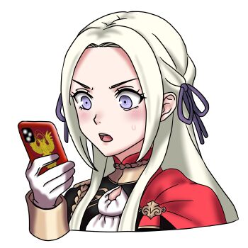 1girl absurdres blush cape cellphone edelgard_von_hresvelg fire_emblem fire_emblem:_three_houses garreg_mach_monastery_uniform gloves hair_ribbon hashtag-only_commentary highres nekomoni nintendo open_mouth phone purple_eyes ribbon solo_focus surprised white_hair