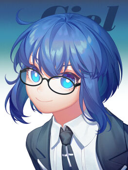 1girl absurdres black_jacket black_necktie blue_eyes blue_hair c.i.e.l_(fate) character_name ciel-sensei_(fate) ciel_(tsukihime) closed_mouth commentary cross cross_print erchongbaojun fate/grand_order fate_(series) glasses highres jacket looking_at_viewer necktie shirt short_hair smile solo white_shirt
