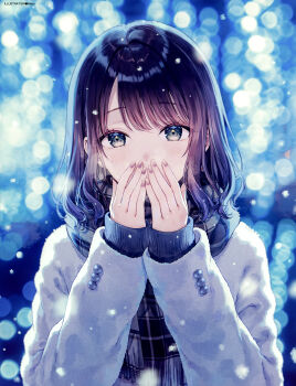 1girl absurdres artist_name black_hair blurry blurry_background bokeh breathing_on_hands coat covering_own_mouth dengeki_moeoh depth_of_field fingernails grey_eyes hands_up highres hiten_(hitenkei) light_blush light_particles long_hair looking_at_viewer magazine_scan original parted_bangs plaid_clothes plaid_scarf scan scarf snowing solo swept_bangs third-party_source upper_body warming_hands wavy_hair white_coat winter_clothes winter_coat