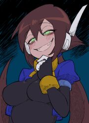 Rule 34 | 1girl, absurdres, aile (mega man zx), black bodysuit, blue background, blue jacket, blush, bodysuit, bodysuit under clothes, breasts, brown hair, buzzlyears, cropped jacket, glowing, glowing eyes, green eyes, hand on own chin, highres, jacket, large breasts, long hair, looking up, mechanical arms, mega man (series), mega man zx, mega man zx advent, open clothes, open jacket, ponytail, sharp teeth, short sleeves, smirk, smug, solo, teeth, upper body
