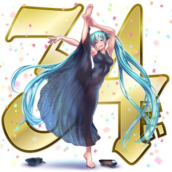 1girl aqua_eyes aqua_hair aqua_nails armpits arms_up bare_arms bare_shoulders barefoot black_dress breasts commentary_request confetti covered_erect_nipples dress fangs feet fingernails flexible full_body half-closed_eyes hatsune_miku highres leaning_to_the_side leg_lift leg_up long_hair looking_at_viewer medium_breasts nail_polish no_bra no_panties no_socks open_mouth outstretched_arm see-through_clothes see-through_dress shoes sleeveless sleeveless_dress smile soles solo split standing standing_on_one_leg standing_split tiptoes toenail_polish toenails toes twintails unworn_shoes very_long_hair vocaloid wokada