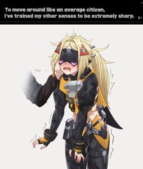 1boy 1girl black_pants blindfold_mask blonde_hair camouflage camouflage_jacket camouflage_pants covered_eyes dialogue_box english_text eye_mask grey_background hair_ornament highres jacket latex_pants luizhtx mask open_mouth pants triangle_hair_ornament trigger_(zenless_zone_zero) wise_(zenless_zone_zero) zenless_zone_zero