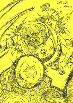 1girl 2017 ahoge armor arms_(game) artist_name commentary_request dated fighting goggles highres looking_at_viewer mecha mechanica_(arms) medium_hair mimasato monochrome motion_lines open_mouth pov power_armor revolver_(arms) robot signature sketch solo speed_lines whammer_(arms) yellow_background