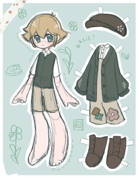 1boy alt_text antenna_hair basil_(birthday)_(omori) basil_(faraway)_(omori) basil_(omori) blonde_hair blue_eyes boots brown_boots brown_hat brown_overalls brown_shorts cardigan closed_mouth collared_shirt commentary double-parted_bangs english_commentary english_text full_body green_cardigan green_sweater_vest hair_between_eyes hat highres kaiami lace-up_boots long_sleeves looking_at_viewer male_focus newsboy_cap official_alternate_costume omori overall_shorts overalls shirt short_hair shorts sidelocks sketch socks solo sweater_vest unworn_boots unworn_cardigan unworn_hat unworn_headwear white_shirt white_socks