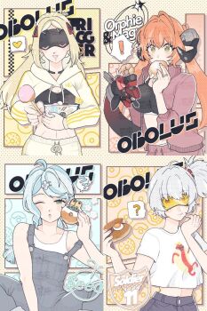 ! 4girls ? ahoge alternate_costume bare_shoulders black_bra black_horns blindfold_mask blonde_hair blue_eyes blue_hair blush bra breasts candy character_name commentary covered_eyes cowboy_shot crop_top crop_top_overhang curled_horns donut dotted_background dragon_girl dragon_horns eating flower_hairpin food fujishima_(oimo_uma2) glowing_mask goggles green_eyes grey_hair gun hair_ornament hand_up heart highres holding holding_candy holding_food horns incoming_gift jewelry large_breasts long_hair looking_at_viewer magus_(zenless_zone_zero) mask mechanical_horns mechanical_tail midriff mole mole_on_shoulder multiple_girls one_eye_closed open_mouth orange-tinted_eyewear orange_hair orange_pupils orphie_magnusson pants pointy_ears ponytail print_shirt ring seed_(zenless_zone_zero) shirt shrug_(clothing) soldier_11_(zenless_zone_zero) spoken_exclamation_mark spoken_heart spoken_question_mark spread_legs steamed_bun symbol-only_commentary tail tank_top tinted_eyewear tongue tongue_out too_many_watermarks triangle_hair_ornament trigger_(zenless_zone_zero) twintails underwear watermark weapon white_shirt white_tank_top yellow_background yellow_shrug zenless_zone_zero