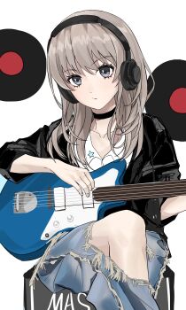 Rule 34 | 1girl, absurdres, black choker, black jacket, blue pants, choker, commentary, electric guitar, girls band cry, grey eyes, grey hair, guitar, headphones, highres, hokureisuzume, instrument, jacket, kawaragi momoka, long hair, looking at viewer, pants, shirt, simple background, sitting, solo, torn clothes, torn pants, white background, white shirt
