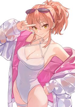1girl absurdres b1ack_illust bare_shoulders breasts casual_one-piece_swimsuit cleavage closed_mouth collarbone commentary cowboy_shot criss-cross_halter earrings eyewear_on_head gyaru hair_between_eyes halterneck hand_on_own_hip heart heart_earrings highleg highleg_one-piece_swimsuit highres idolmaster idolmaster_cinderella_girls jacket jewelry jougasaki_mika large_breasts long_sleeves looking_at_viewer multicolored_jacket off_shoulder one-piece_swimsuit pink_hair pink_jacket ponytail puffy_long_sleeves puffy_sleeves simple_background smile solo sunglasses swimsuit thigh_strap thighs two-sided_fabric two-sided_jacket two-tone_jacket v v_over_eye white_background white_jacket white_one-piece_swimsuit yellow_eyes