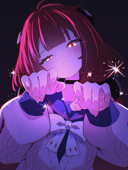 1girl black_sailor_collar blunt_bangs blush bow bowtie commentary grin hands_up highres long_hair long_sleeves looking_at_viewer open_mouth pink_sweater red_eyes red_hair sailor_collar sasanekomaru smile sweater ukinami_yuzuha upper_body white_bow white_bowtie zenless_zone_zero