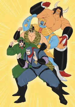 Rule 34 | 5boys, abs, armlet, armor, ashuraman, biceps, brocken jr., buffaloman, clenched hand, crossed arms, extra arms, groin, hat, helmet, highres, jewelry, kinniku ataru, kinnikuman, kinnikuman soldier, large pectorals, looking at viewer, manly, military hat, military uniform, monster boy, multiple boys, multiple faces, muscular, ninja, open mouth, pectorals, shaded face, smile, solo, tag team, teamwork, the ninja (kinnikuman), yellow background