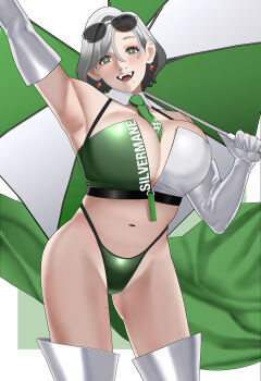 1girl absurdres armpits bandeau boots breasts cleavage detached_collar earrings elbow_gloves eyewear_on_head gloves gradient_hair green_bandeau green_necktie green_panties green_shorts grey_hair highleg highleg_panties highres holding holding_umbrella jewelry keto_prague large_breasts mole mole_on_breast mole_on_thigh mole_under_mouth multicolored_hair navel necktie open_mouth original panties race_queen shiny_clothes short_hair shorts sunglasses thigh_boots two-tone_bandeau two-tone_shorts umbrella underwear unzipped white_bandeau white_gloves white_hair white_shorts zipper zipper_pull_tab