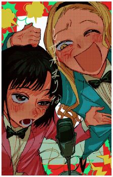 2girls anger_vein angry black_bow black_bowtie black_hair black_hairband blank_speech_bubble blonde_hair blue_jacket blue_pants blue_suit blush border bow bowtie brown_eyes character_name collared_shirt commentary_request foreshortening formal_clothes furrowed_brow hairband hand_on_another's_chest hand_on_another's_head hand_up hitting jacket kirarazaka_marina kuze_shizuka long_hair looking_at_another manzai microphone_stand multiple_girls official_alternate_costume one_eye_closed open_mouth pant_suit pants pink_jacket pink_suit saba_ichimi screentones shirt short_hair slapping smile speech_bubble standing suit suit_jacket takopii_no_genzai tile_floor tiles translation_request uneven_eyes white_border white_shirt yellow_eyes