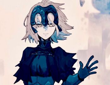 1girl armor cropped fate/grand_order fate_(series) gauntlets gorget headpiece jeanne_d&#039;arc_alter_(avenger)_(fate) jeanne_d&#039;arc_alter_(fate) ki_wa001 light_smile looking_at_viewer short_hair solo upper_body waving white_hair yellow_eyes