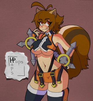 1girl :p animal_ears bare_shoulders blazblue breasts brown_hair fingerless_gloves gloves hapspaps highres large_breasts makoto_nanaya microskirt short_hair skirt sleeveless squirrel_ears squirrel_tail tail tonfa tongue tongue_out underboob weapon wide_hips