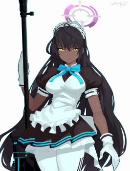 1girl absurdres ahoge anti-materiel_rifle apron aqua_outline black_hair black_shirt black_skirt blue_archive blue_bow blue_bowtie bow bowtie breasts closed_mouth commentary cowboy_shot dark-skinned_female dark_skin english_commentary frown gloves grey_halo gun halo highres karin_(blue_archive) layered_skirt looking_at_viewer maid_apron maid_headdress medium_breasts miniskirt outline pantyhose pleated_skirt puffy_short_sleeves puffy_sleeves purple_halo red_eyes rifle shirt short_sleeves signature simple_background skirt sniper_rifle solo standing tsurime weapon werfmight white_apron white_background white_gloves white_pantyhose white_skirt yellow_eyes