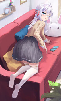 1girl :o ahoge alisa_mikhailovna_kujou all_fours black_skirt blue_eyes blush cellphone commentary couch dutch_angle eyelashes feet from_behind full_body furrowed_brow hair_between_eyes hair_intakes hair_over_shoulder hair_ribbon highres indoors long_hair long_sleeves looking_at_viewer looking_back no_shoes on_couch open_mouth phone pleated_skirt red_ribbon ribbon shirt sidelocks skirt smartphone soles solo straight_hair thighhighs toes tokidoki_bosotto_roshia-go_de_dereru_tonari_no_alya-san user_3504221 variant_set white_hair white_thighhighs yellow_shirt zettai_ryouiki